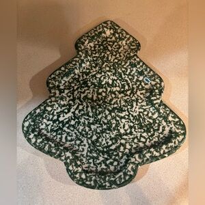 Roseville Spongeware Green and White Holiday Tree-Shaped Platter